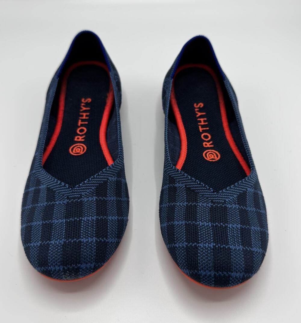 Rothy’s Indigo Gingham Round Toe Flats Size 9 Navy Orange Plaid Retired Rare